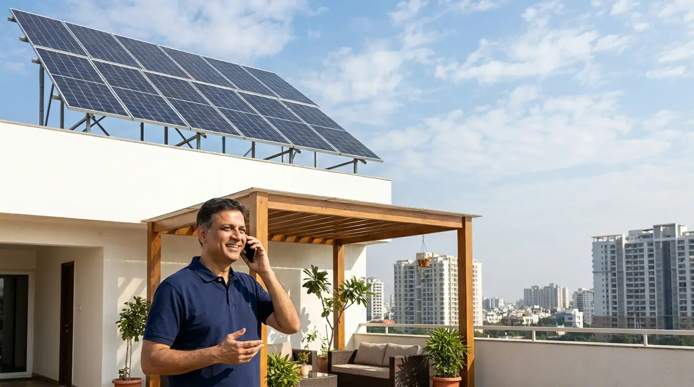 Naira Solar advisor on a phone call on a terrace with rooftop solar panels
