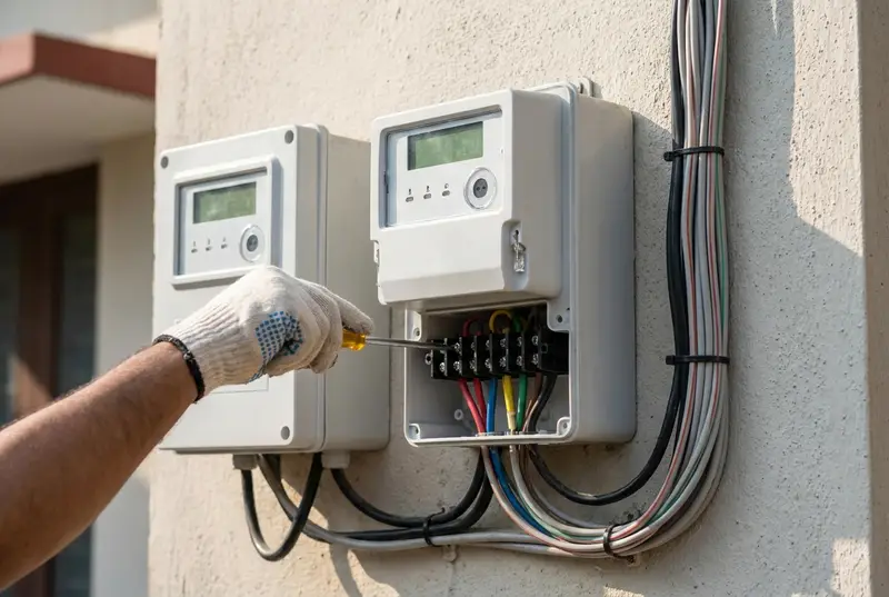 Technician installing a net meter for a rooftop solar connection