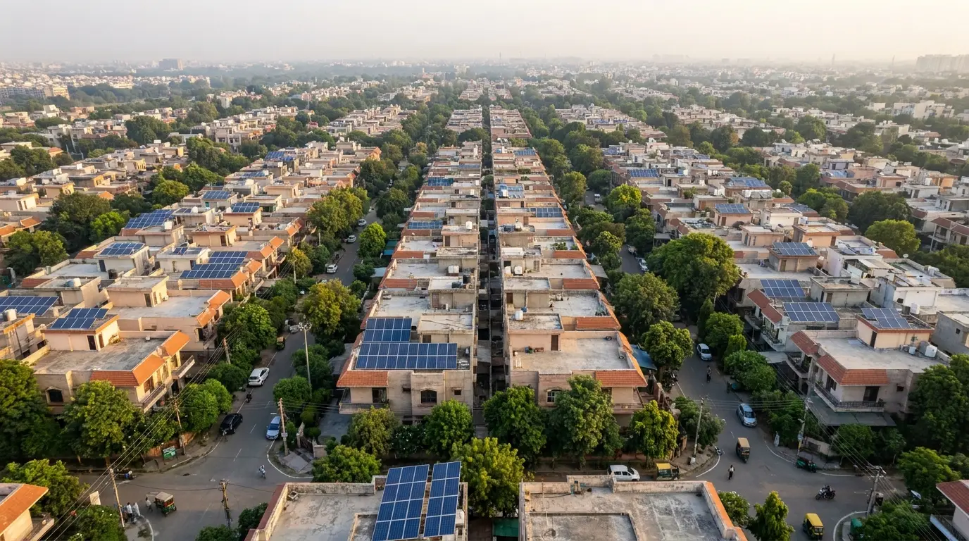 Aerial view of a residential colony with rooftop solar panels